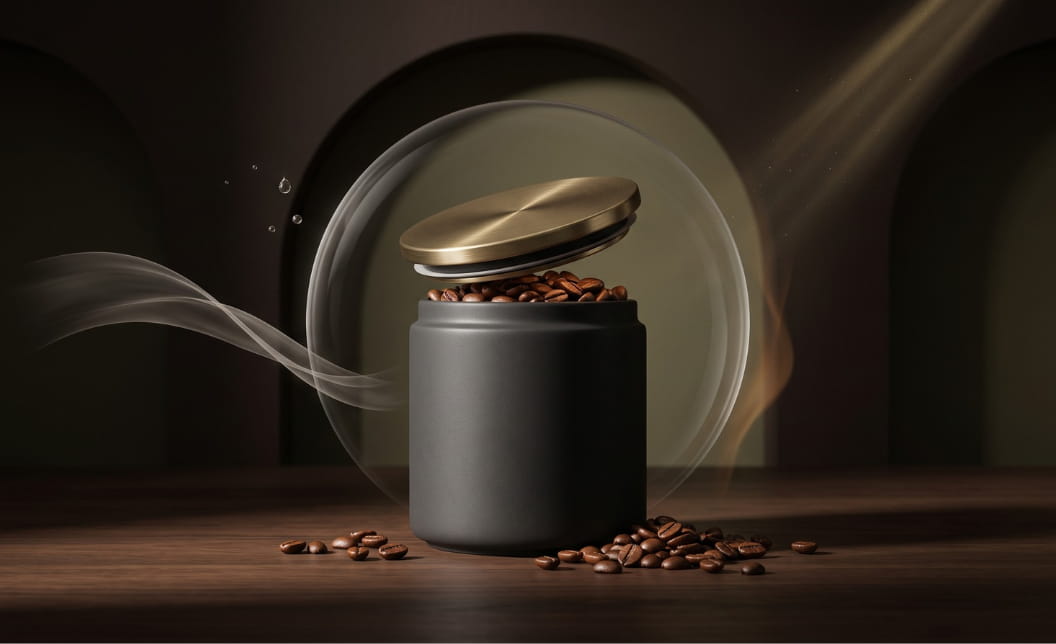 Airtight coffee canister surrounded by artistic elements symbolising coffee freshness.