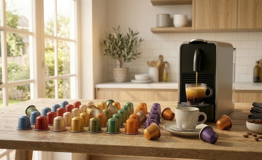 Assorted coffee pods next to a Nespresso machine and fresh espresso on a wooden table