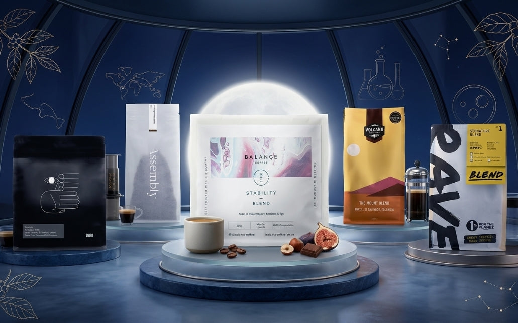 Balance Coffee featured prominently among four coffee alternatives in a celestial editorial setting.