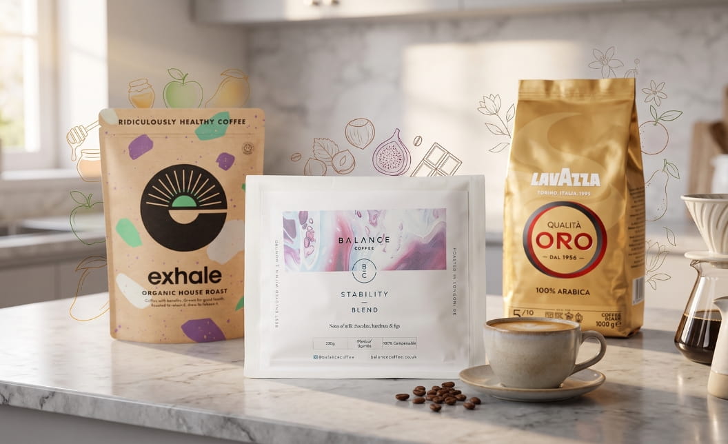 Balance Coffee featured prominently beside Exhale and Lavazza coffee bags in a premium kitchen coffee comparison scene.