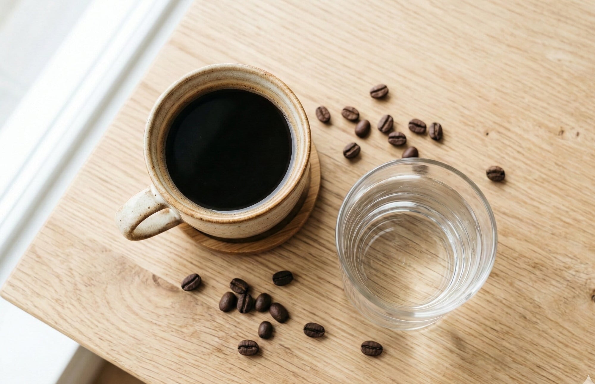 Cup of black coffee with a glass of water and scattered coffee beans on a wooden table