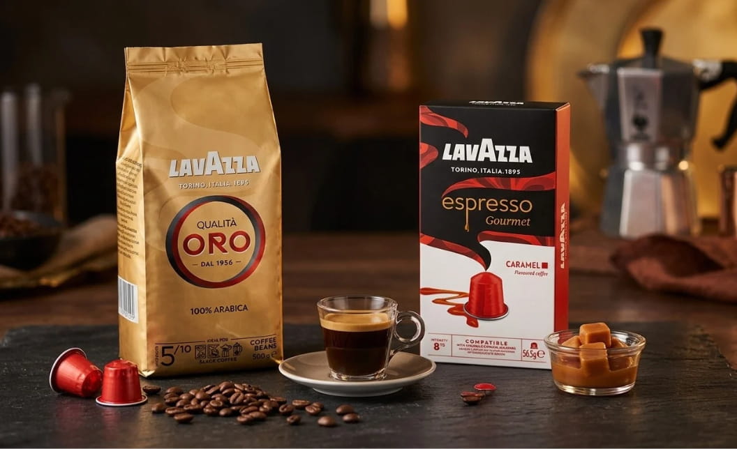 Lavazza Qualità Oro and Espresso Gourmet Caramel pods in an elegant premium coffee still life.