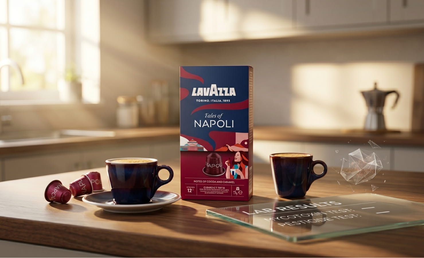 Lavazza coffee pack on a warm kitchen counter with espresso cups and subtle lab testing overlay indicating lack of mycotoxin and pesticide transparency