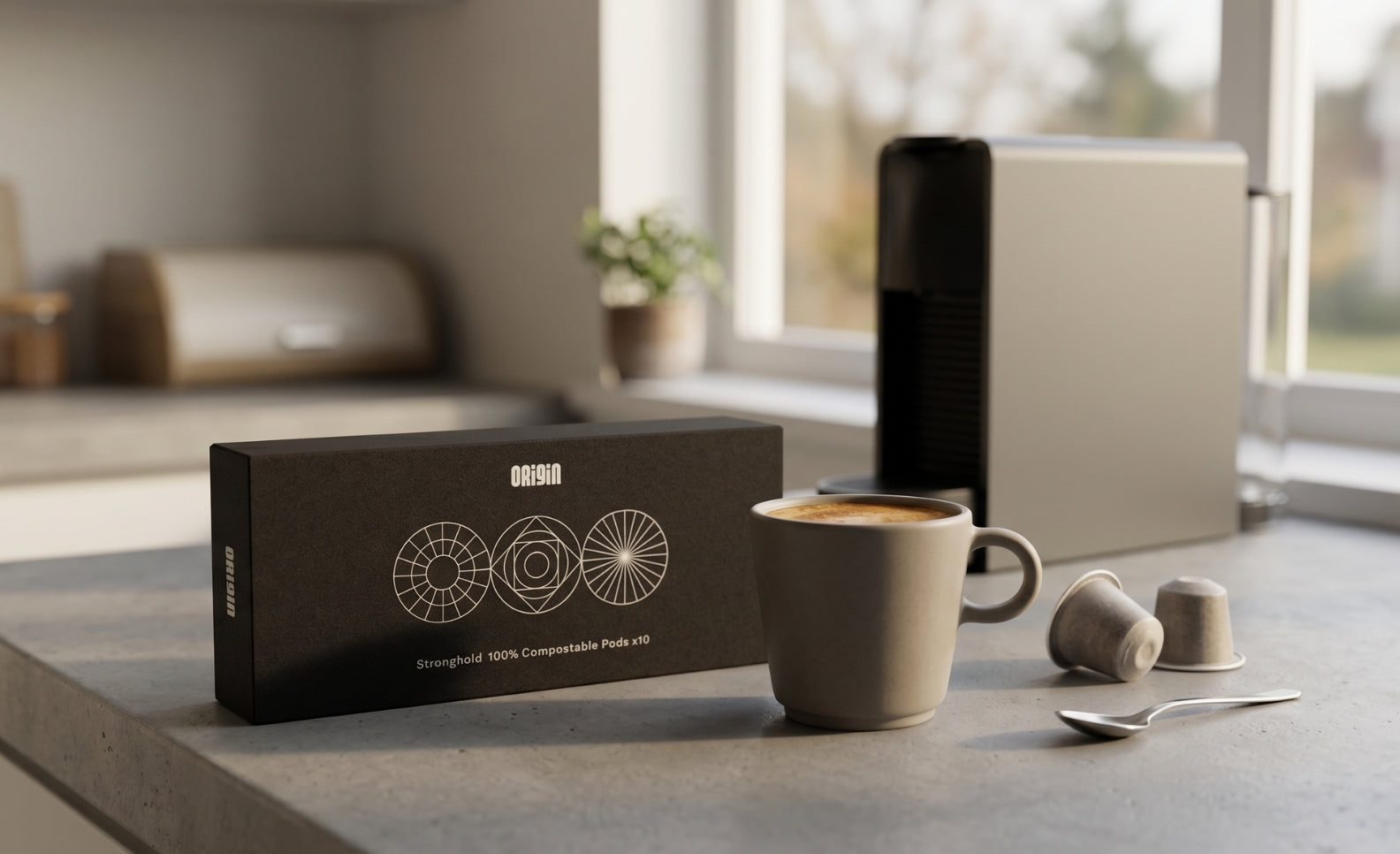 Modern kitchen countertop with coffee machine, ceramic cup of coffee, compostable coffee pods, and minimalist Origin coffee packaging in soft natural light.