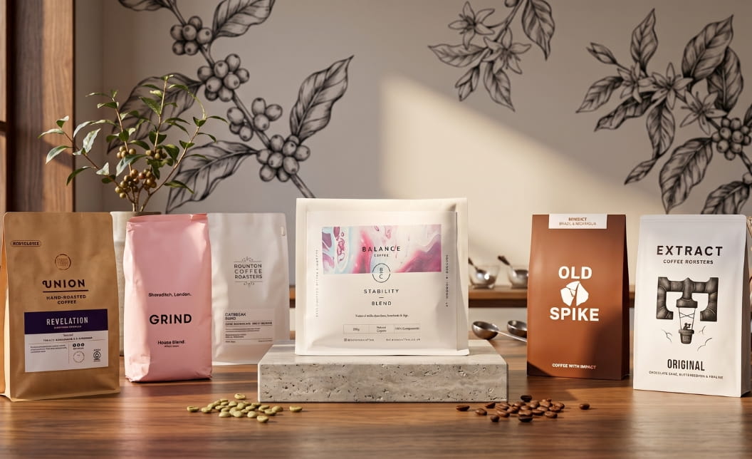 Six coffee bags displayed with Balance Coffee as the featured blend.