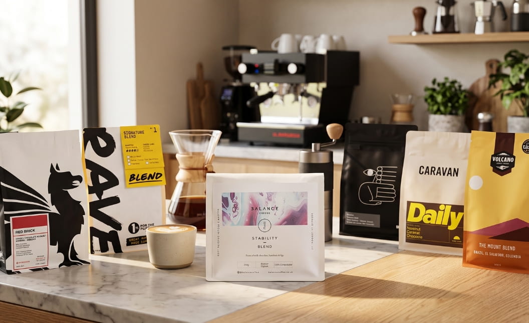 Six coffee brands displayed in a warm lifestyle setting, with Balance Coffee featured centrally as the main pack.