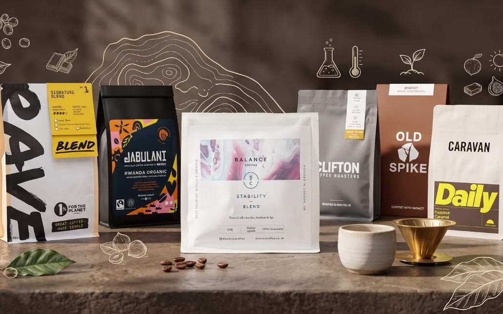 Six premium UK coffee bags displayed in an editorial comparison scene, with Balance Coffee centred among Rave, Owens, Clifton, Old Spike, and Caravan.