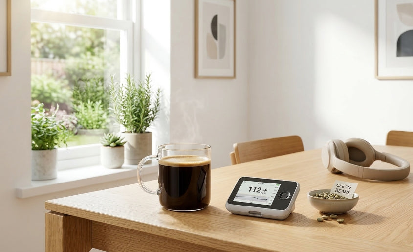 A clear mug of black coffee next to a glucose monitor and headphones on a wooden table.