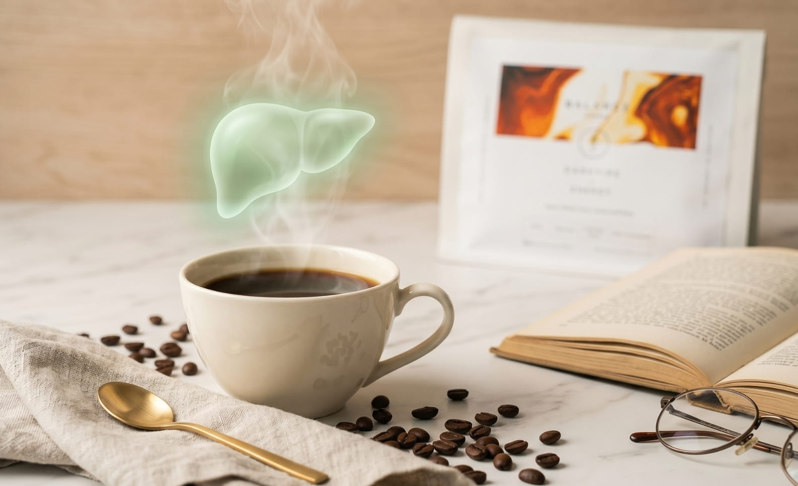 An elegant coffee cup with steam forming a glowing liver, surrounded by coffee beans, an open book, and a soft linen napkin, creating a calming atmosphere