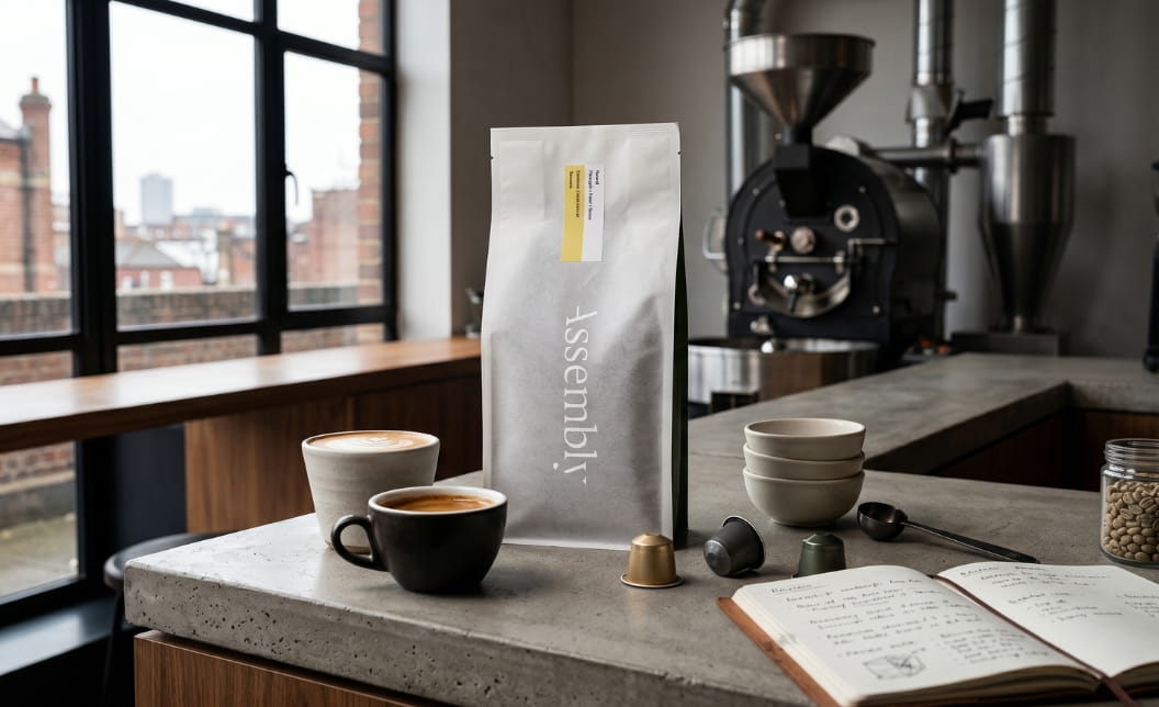 Assembly Coffee packaging on an urban roastery counter with espresso, flat white, capsules, tasting cups, and green coffee beans.