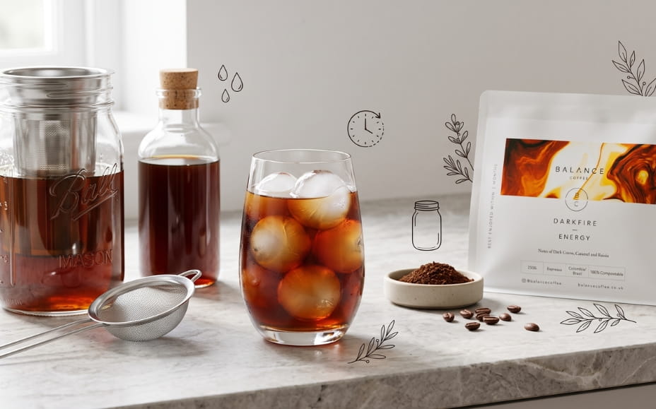 Balance Coffee cold brew setup with iced coffee, glass brew jar, and subtle illustrated accents.