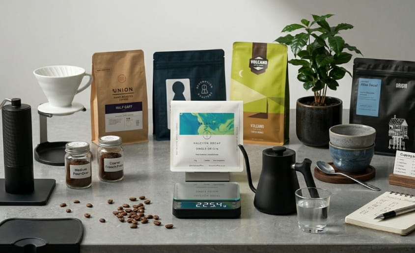 Balance Coffee decaf in sharp focus with multiple coffee brands arranged behind in a professional comparison setup