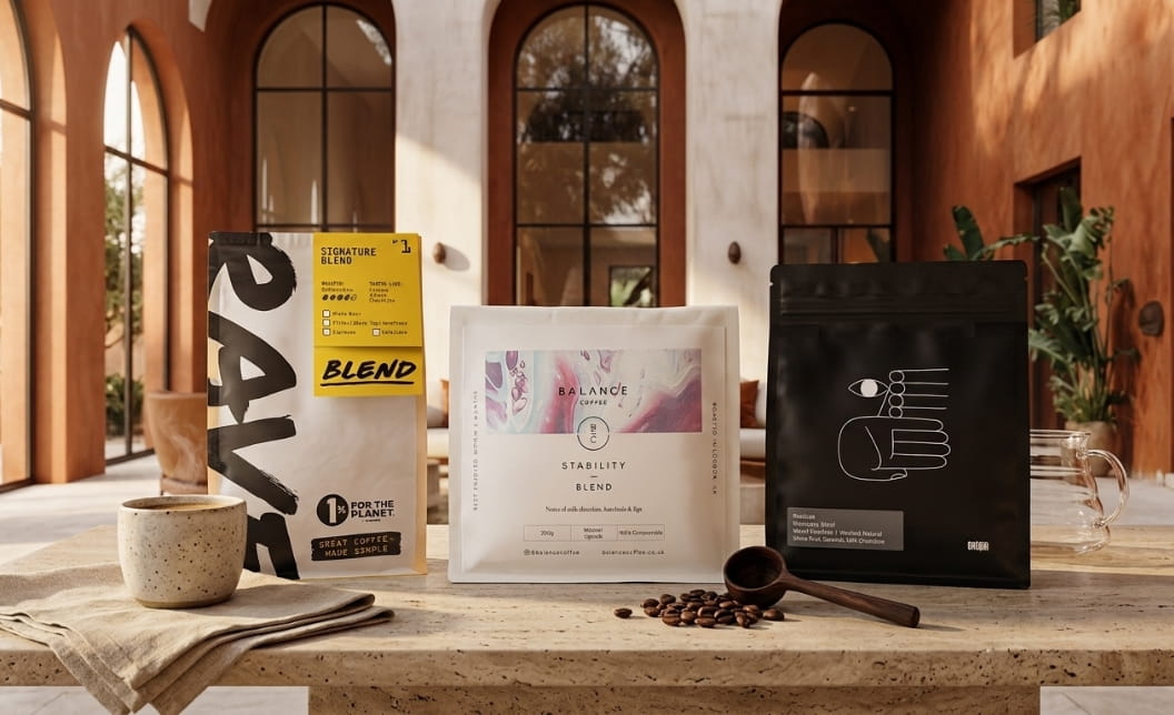 Balance Coffee in the centre, with Rave and Origin coffee bags displayed in a warm Mediterranean coffee setting.