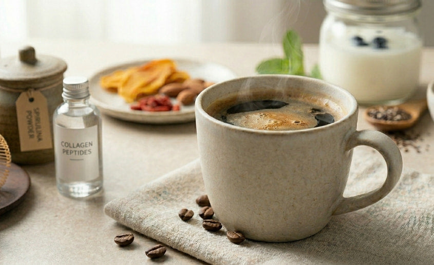 A ceramic mug filled with black coffee on a neutral kitchen table, surrounded by coffee beans, a glass bottle, and light breakfast items in soft natural lighting.