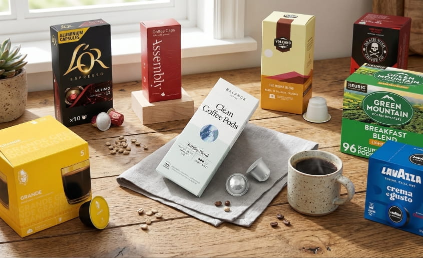 Coffee pod variety displayed on wooden table with branded boxes, capsules, coffee cup, and scattered beans in a bright kitchen setting.