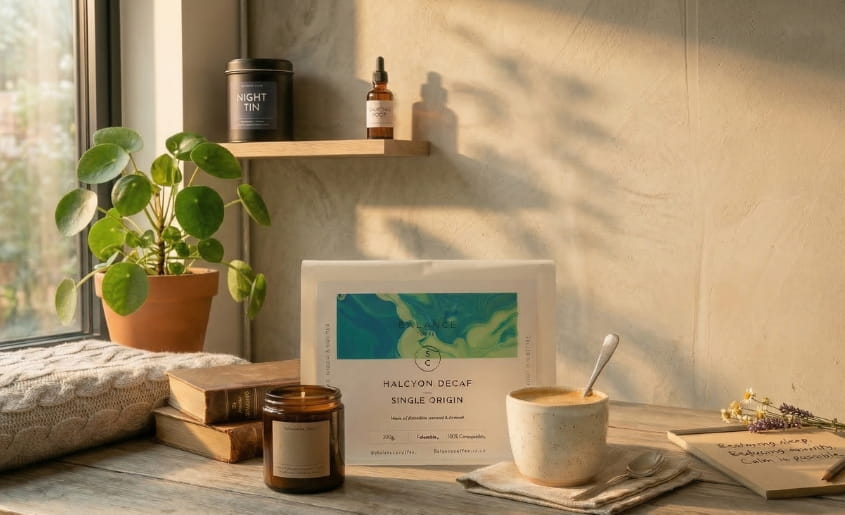 Decaf coffee in a ceramic cup on a sunlit table with books and plants, creating a calm and relaxing coffee moment
