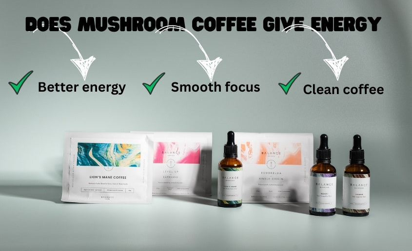Does Mushroom Coffee Give You Energy: Image of mushroom coffee products and the benefits they give
