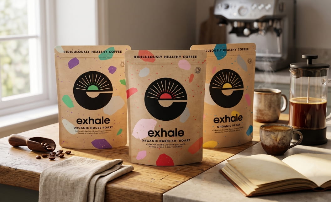 Exhale House Roast, Dark(ish) Roast and Decaf in an at-home coffee tasting setup.