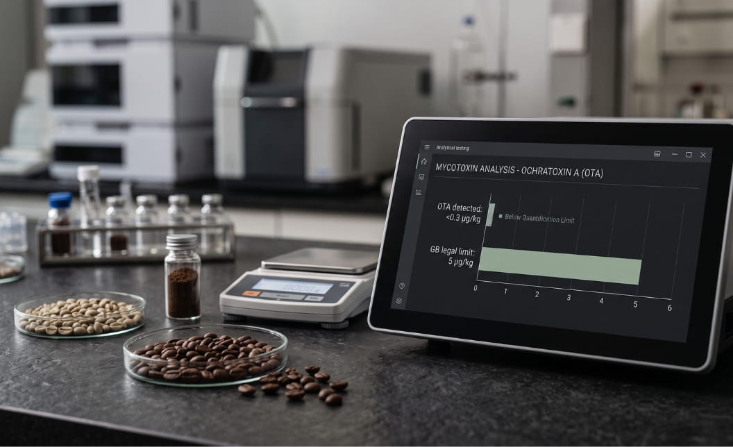 Laboratory testing of coffee beans with ochratoxin A results compared against the legal limit.