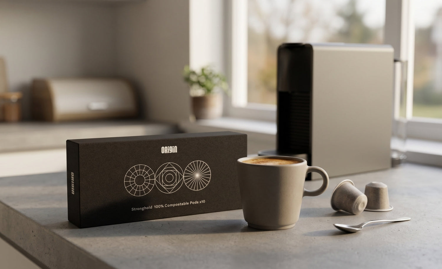 Modern kitchen countertop with coffee machine, ceramic cup of coffee, compostable coffee pods, and minimalist Origin coffee packaging in soft natural light.
