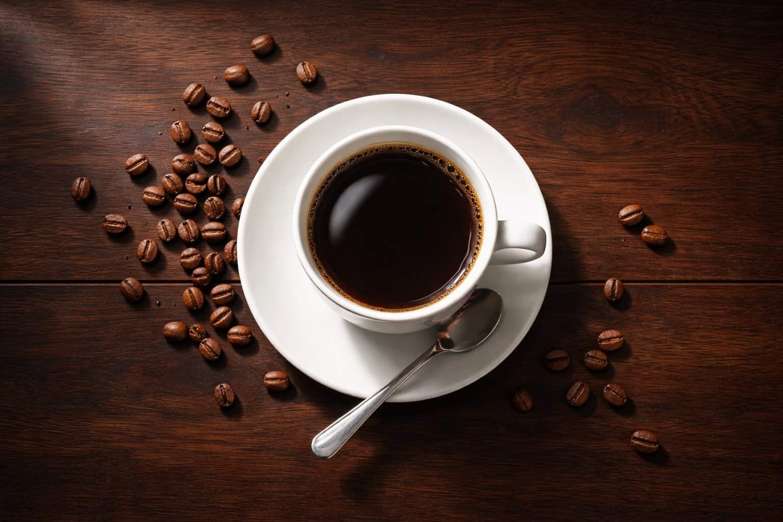 Organic Coffee Good For Your Heart – top-down black coffee with roasted beans on dark wood table.