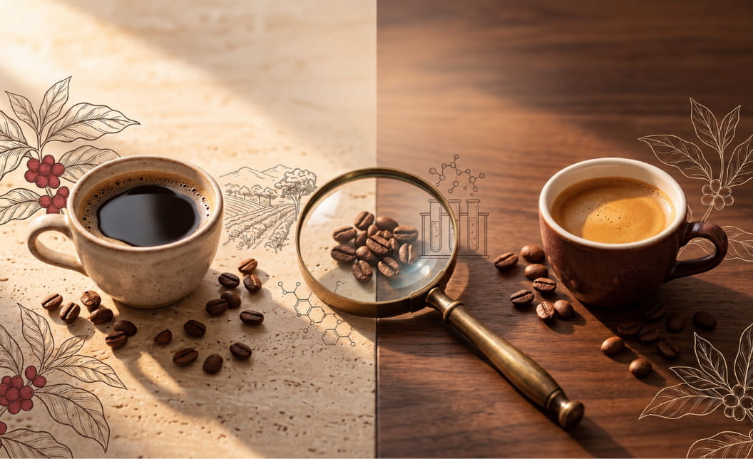 Organic and non-organic coffee comparison with elegant cups and roasted beans