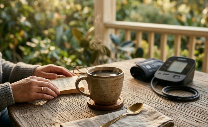 Organic coffee on wooden table with blood pressure monitor in warm morning sunlight