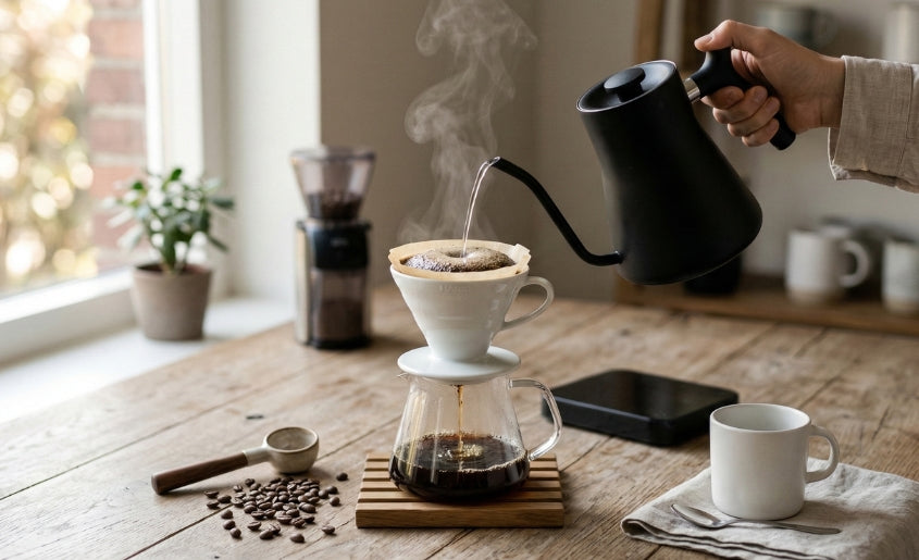 Pour-over organic coffee brewing with a paper filter and gooseneck kettle in natural morning light