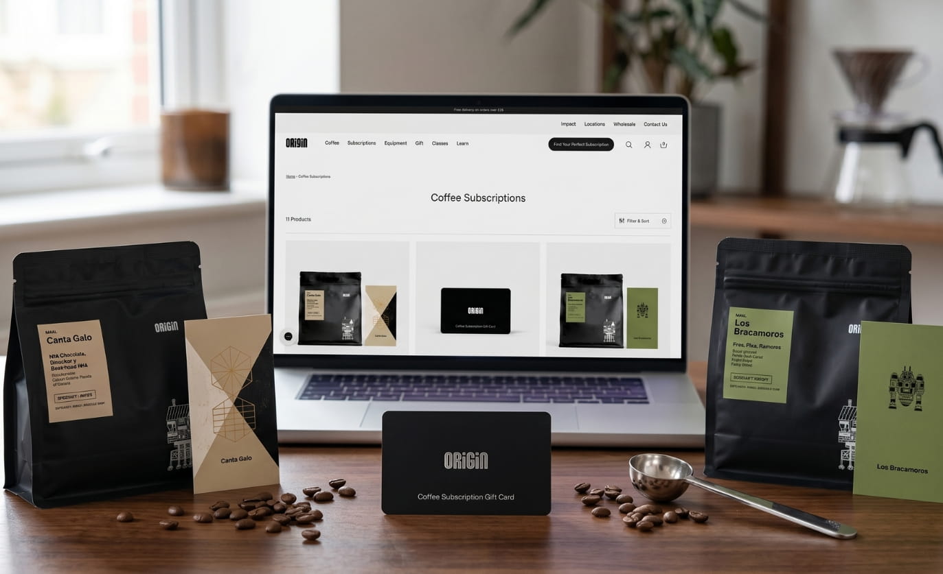 Origin Coffee subscription bags, gift card, and laptop on a wooden desk with scattered coffee beans