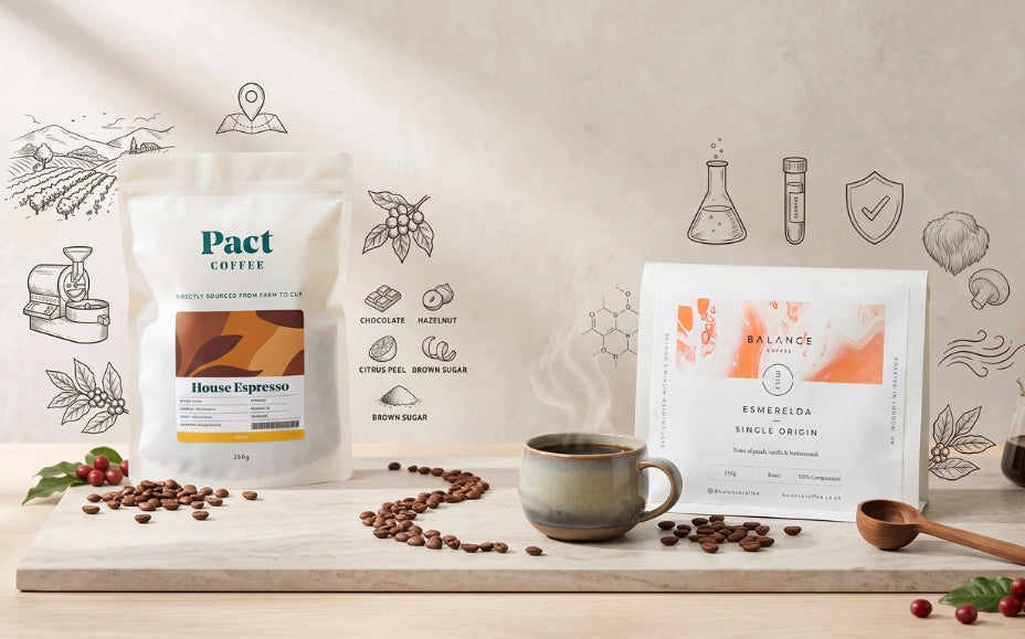 Pact Coffee and Balance Coffee packaging with coffee and illustrated brand features.