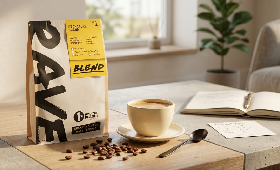  Rave Coffee packaging beside a freshly brewed cup of coffee, beans, and tasting notes for a detailed speciality coffee review.