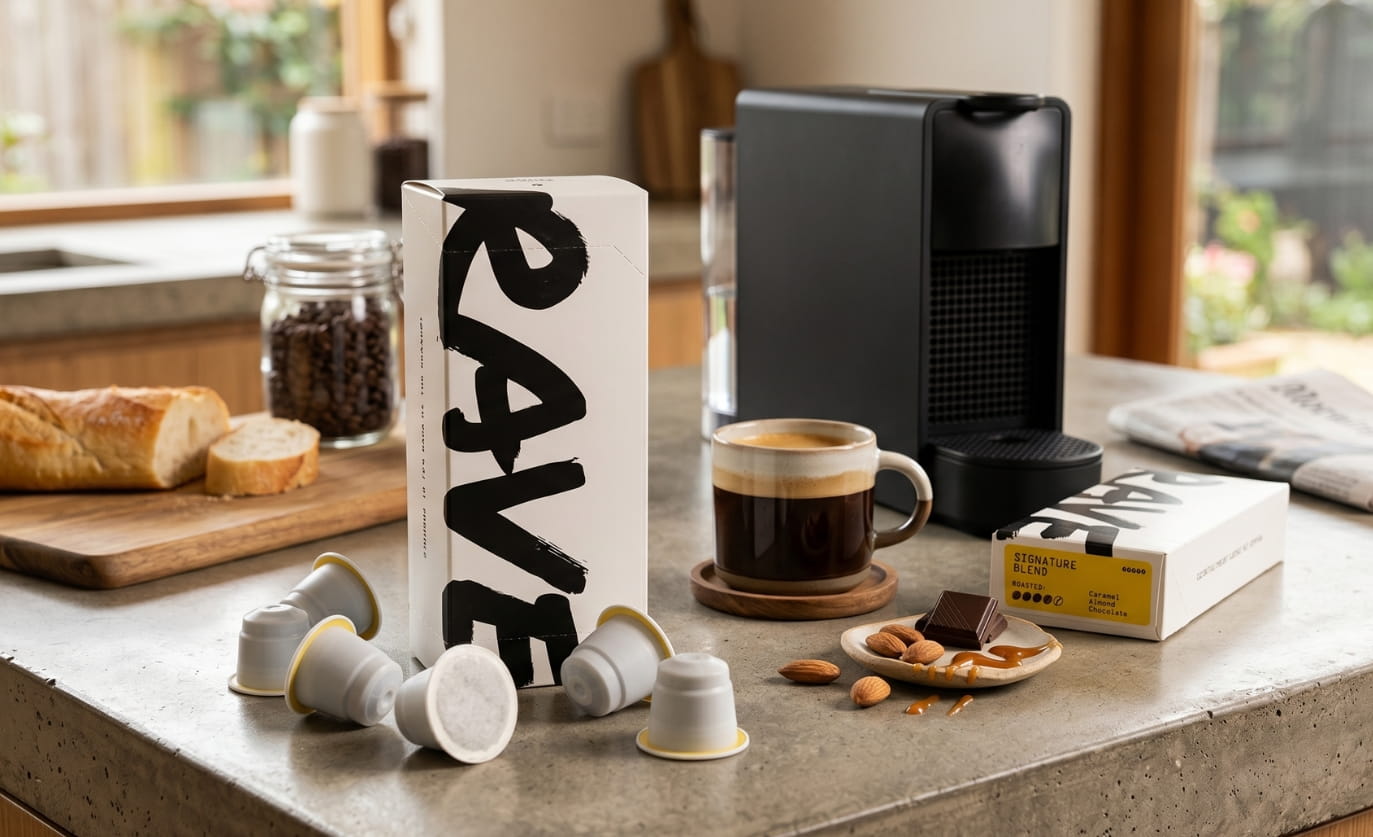 Coffee machine with espresso, pods, and packaging on a kitchen counter.