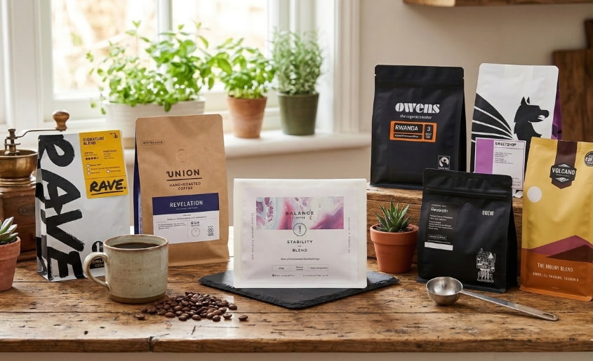 Selection of premium coffee beans from different UK brands displayed on a wooden table in a bright kitchen setting