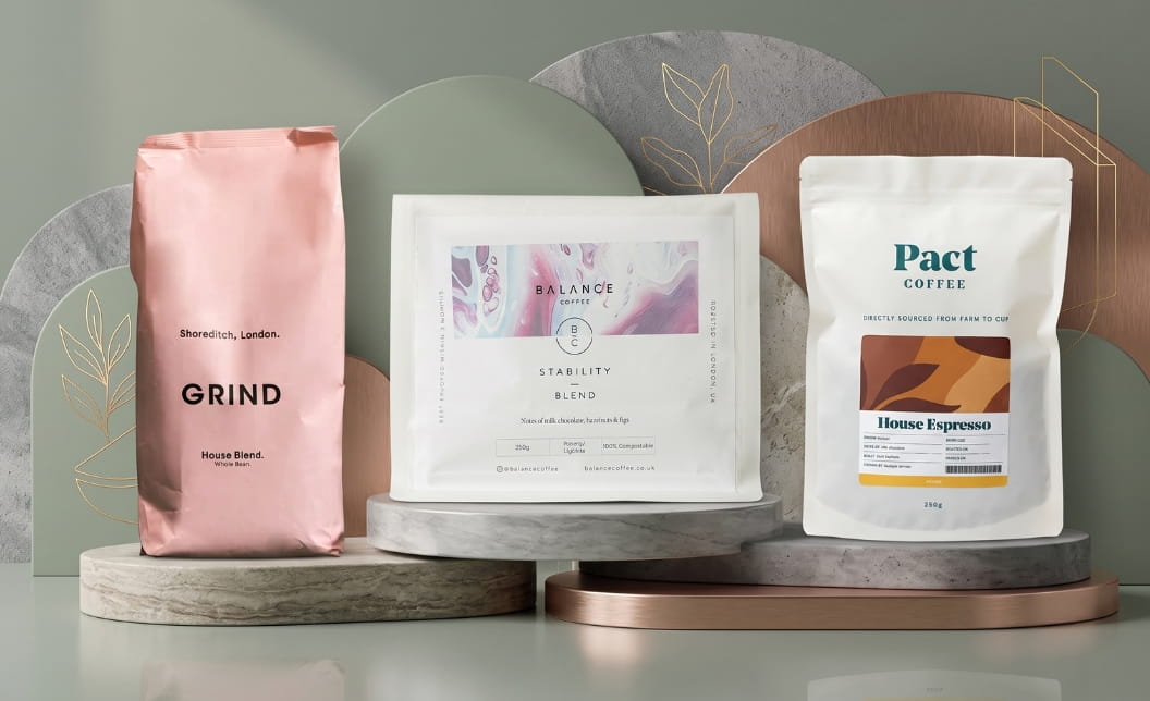 Three coffee packs in a premium editorial layout.