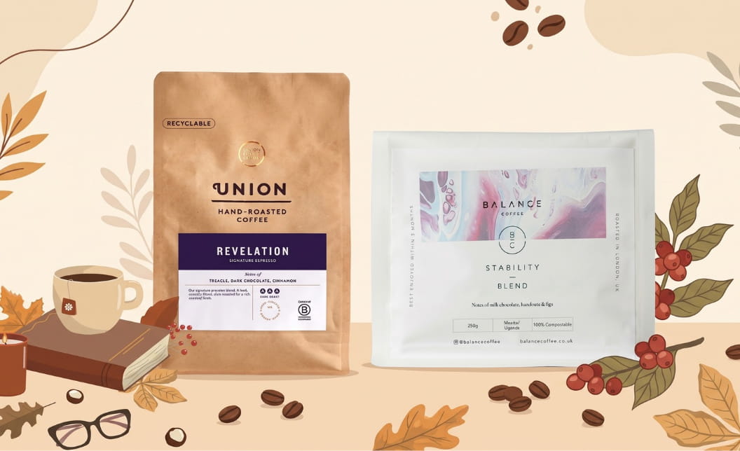Union and Balance coffee packs side by side in a warm illustrated coffee-themed setting.