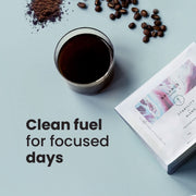 Freshly brewed Balance Coffee in a mug with overlay text reading 'Clean fuel for focused days'